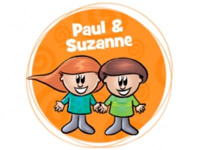 Cartoon logo of Paul & Suzanne holding hands with orange background.