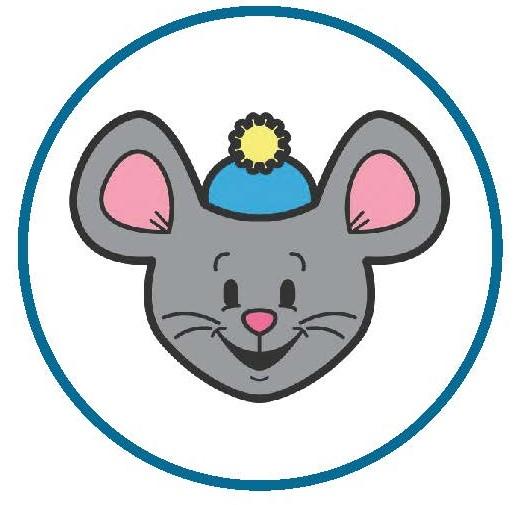Cartoon mouse wearing a blue hat with a yellow pompom.