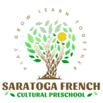 Logo of Saratoga French Language Preschool with a tree and sun design.