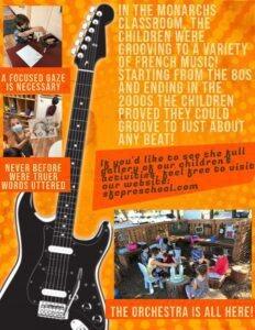 A musician plays guitar while kids watch and learn about music.