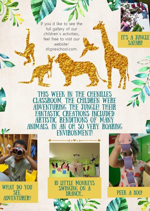 Classroom jungle theme with animal decorations and children learning.
