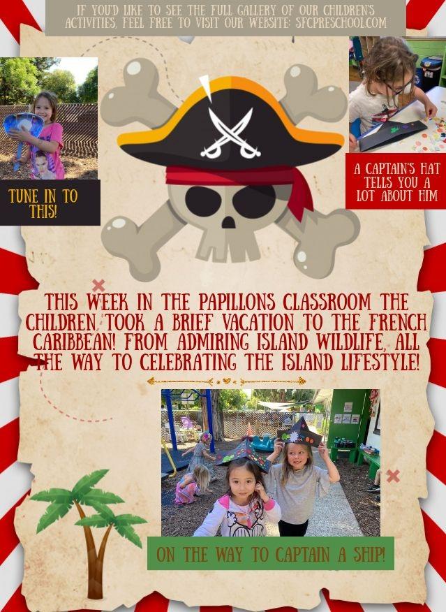 Pirate-themed classroom celebration with kids and decorations.