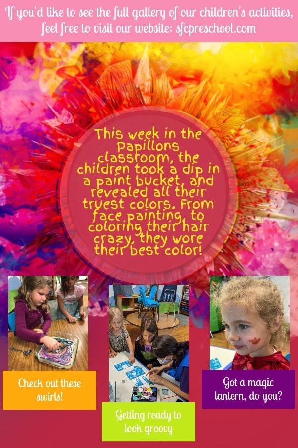 Children in colorful classrooms explore art and nature activities.