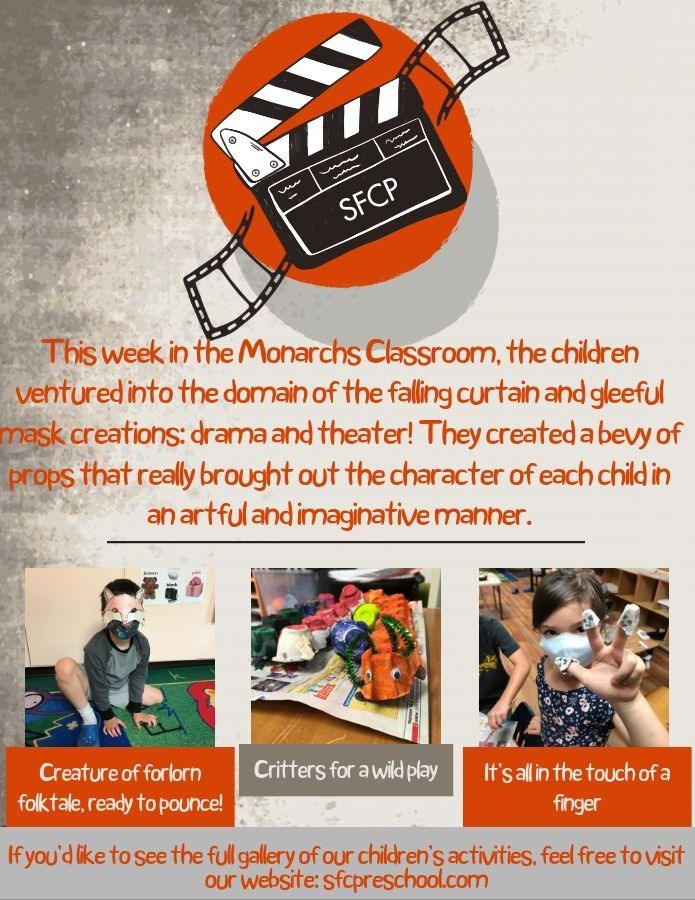Children create imaginative stories inspired by a toy camera in Monarch's Classroom.